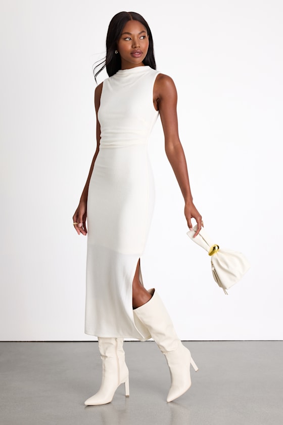 Zephine Ivory Pleated Sleeveless Sweater Midi Dress 1
