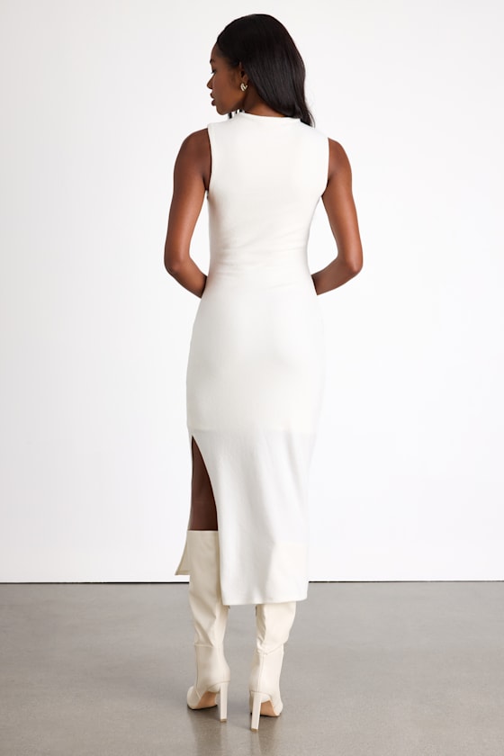 Ivory Knit Dress - Sleeveless Sweater Dress - Pleated Midi Dress
