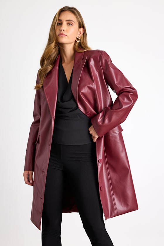 Lulus Elaine Burgundy Vegan Leather Trench Coat In Multi