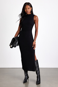 Zephine Black Pleated Sleeveless Sweater Midi Dress 1