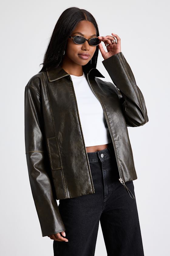 Aureyla Dark Brown Distressed Vegan Leather Jacket 1