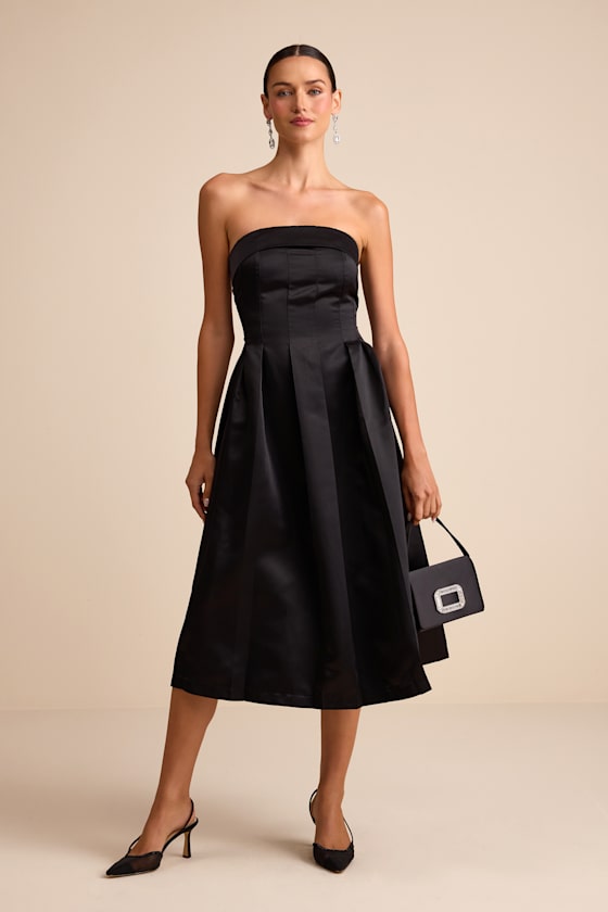Indaya Black Satin Seamed Pleated Strapless Midi Dress 1