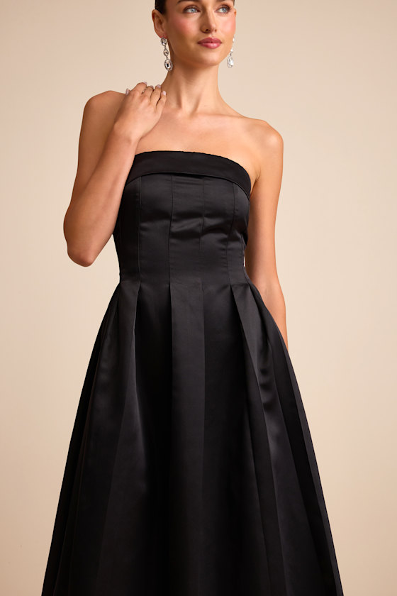 Indaya Black Satin Seamed Pleated Strapless Midi Dress 2