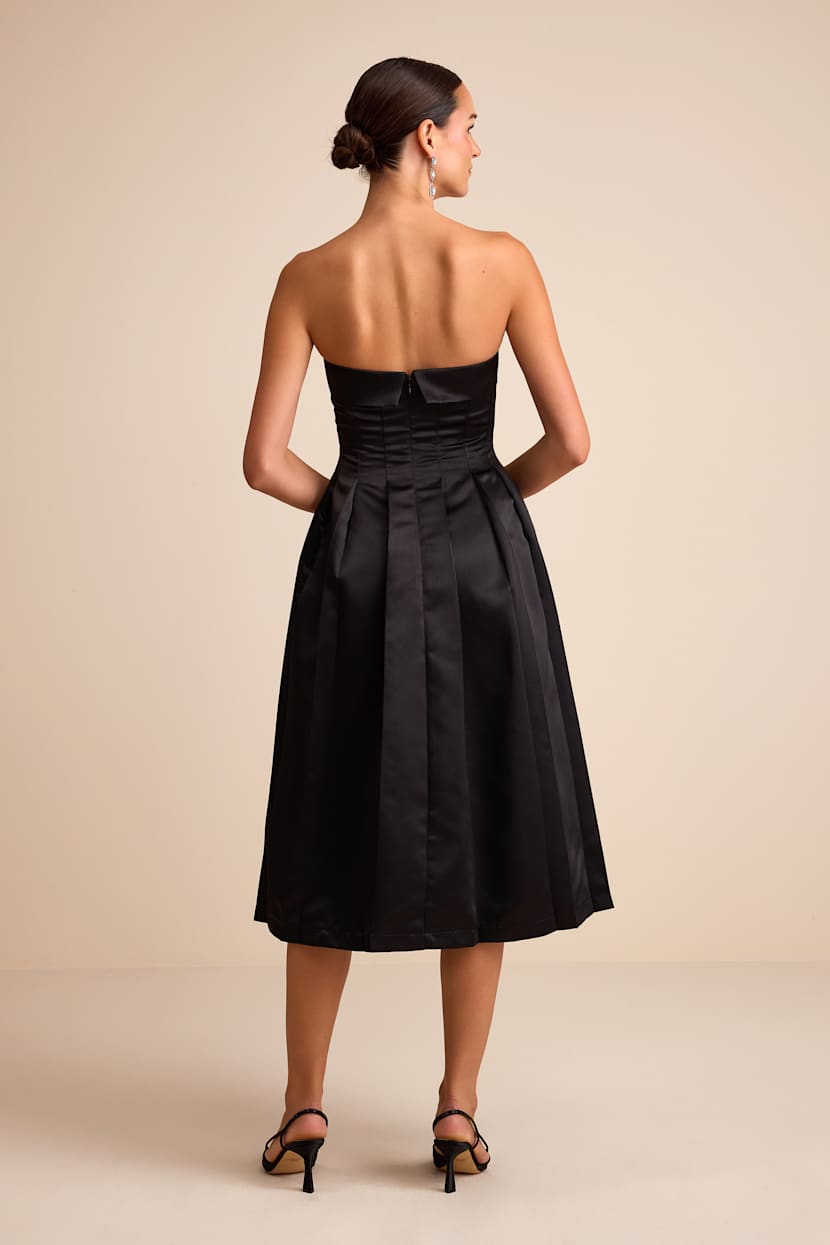 Black Midi Dress - Strapless Seamed Dress - Pleated A-Line Dress - Lulus