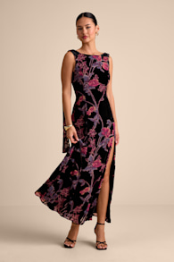 Liora Black Velvet Floral Burnout Boat Neck Sash Maxi Dress 1