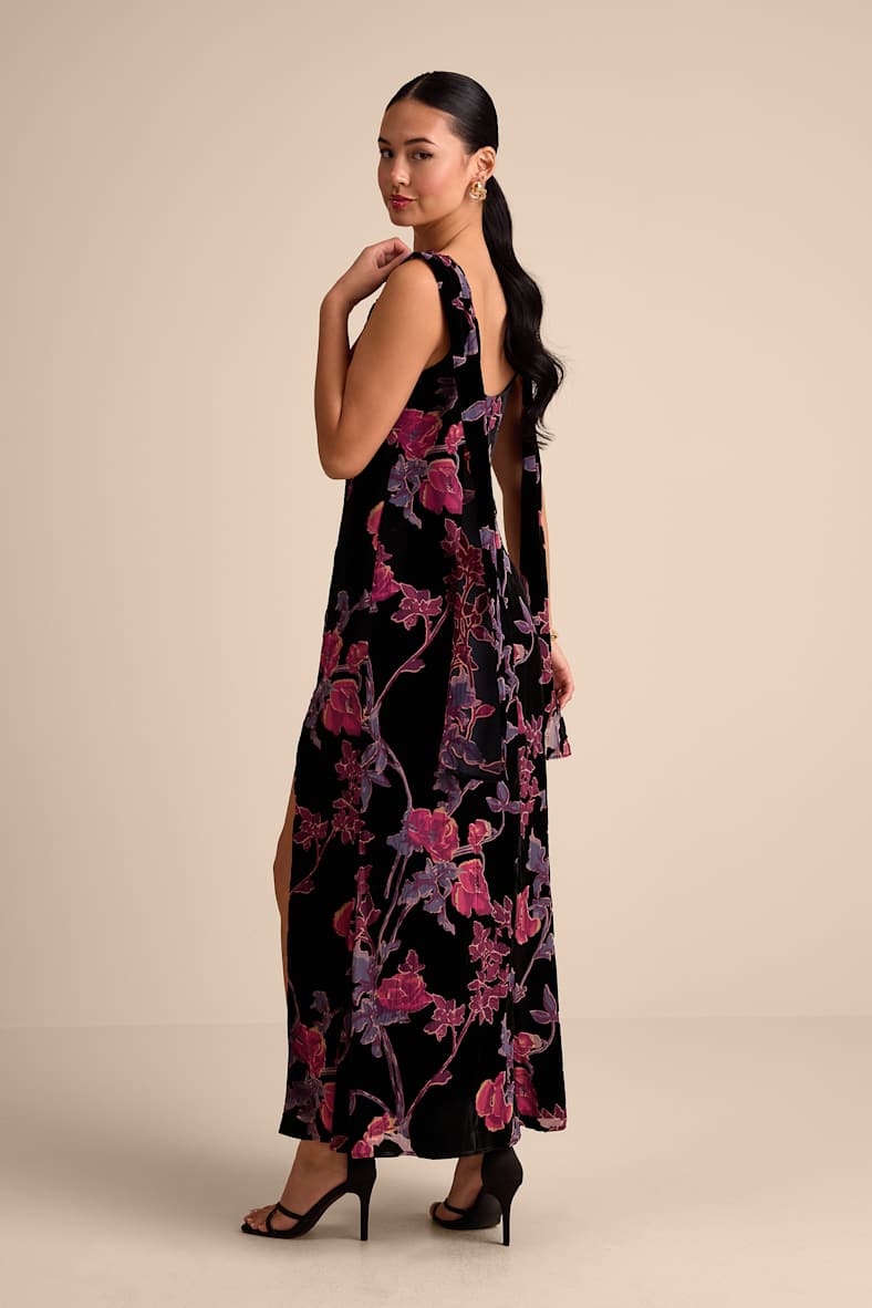 Liora Black Velvet Floral Burnout Boat Neck Sash Maxi Dress