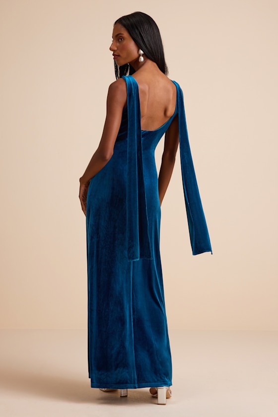 Liora Dark Teal Velvet Boat Neck Sash Maxi Dress 3