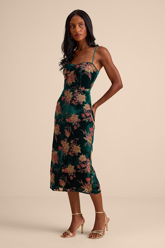 Erisa Emerald Velvet Floral Burnout Midi Dress 1
