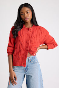 Lenorah Red Cable Knit Chunky Cardigan Sweater 1