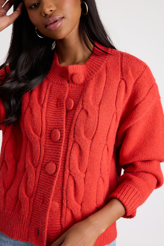 Lenorah Red Cable Knit Chunky Cardigan Sweater 2