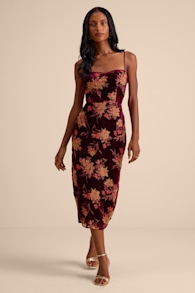 Erisa Burgundy Velvet Floral Burnout Midi Dress 1
