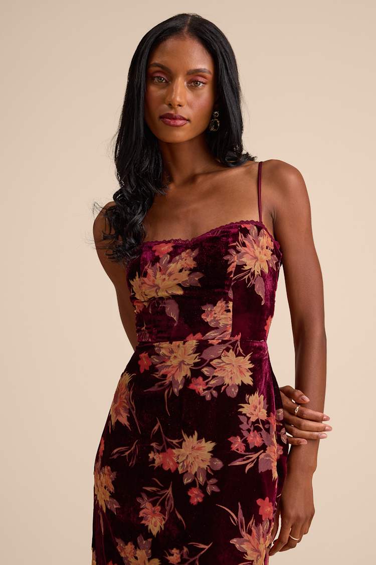 jazzy belle burgundy velvet dress lulus Erisa Floral Burnout Midi enchanted to meet yo Effortlessly RSVP Color:Latte Mocha DÔEN Clemente lace-trimmed silk