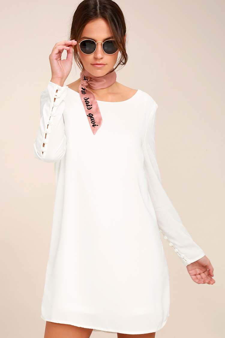 Upbeat Chic White Long Sleeve Shift Dress Upbeat Chic White Long Sleeve Shift Dress