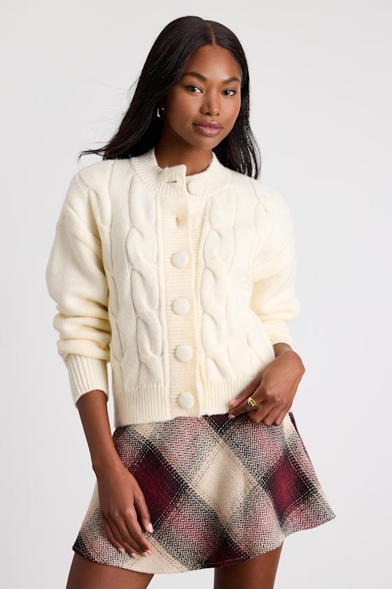 Lulus Lenorah Cream Cable Knit Chunky Cardigan Sweater In White