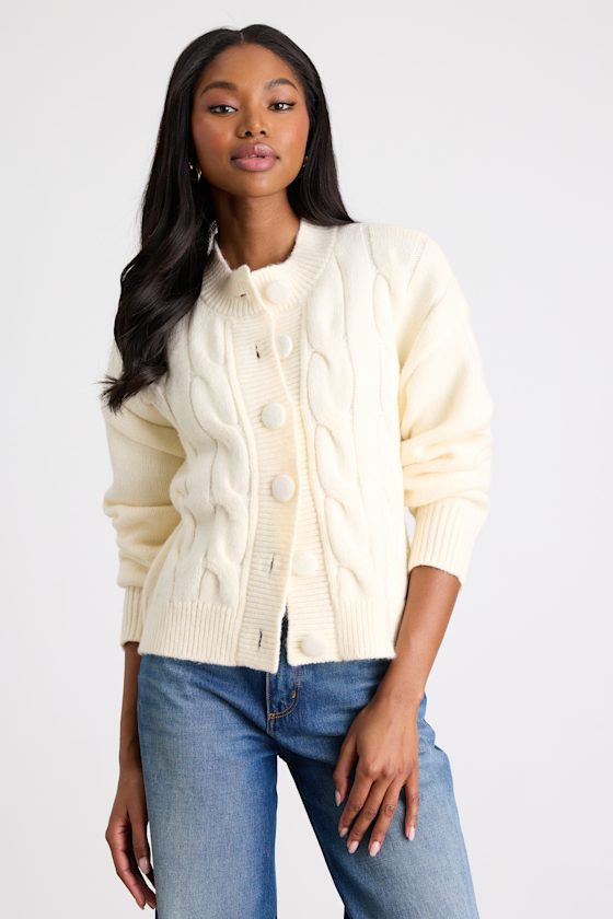 Lenorah Cream Cable Knit Chunky Cardigan Sweater 1