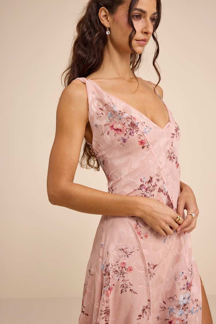Eirwen Blush Floral Burnout Asymmetrical Midi Dress