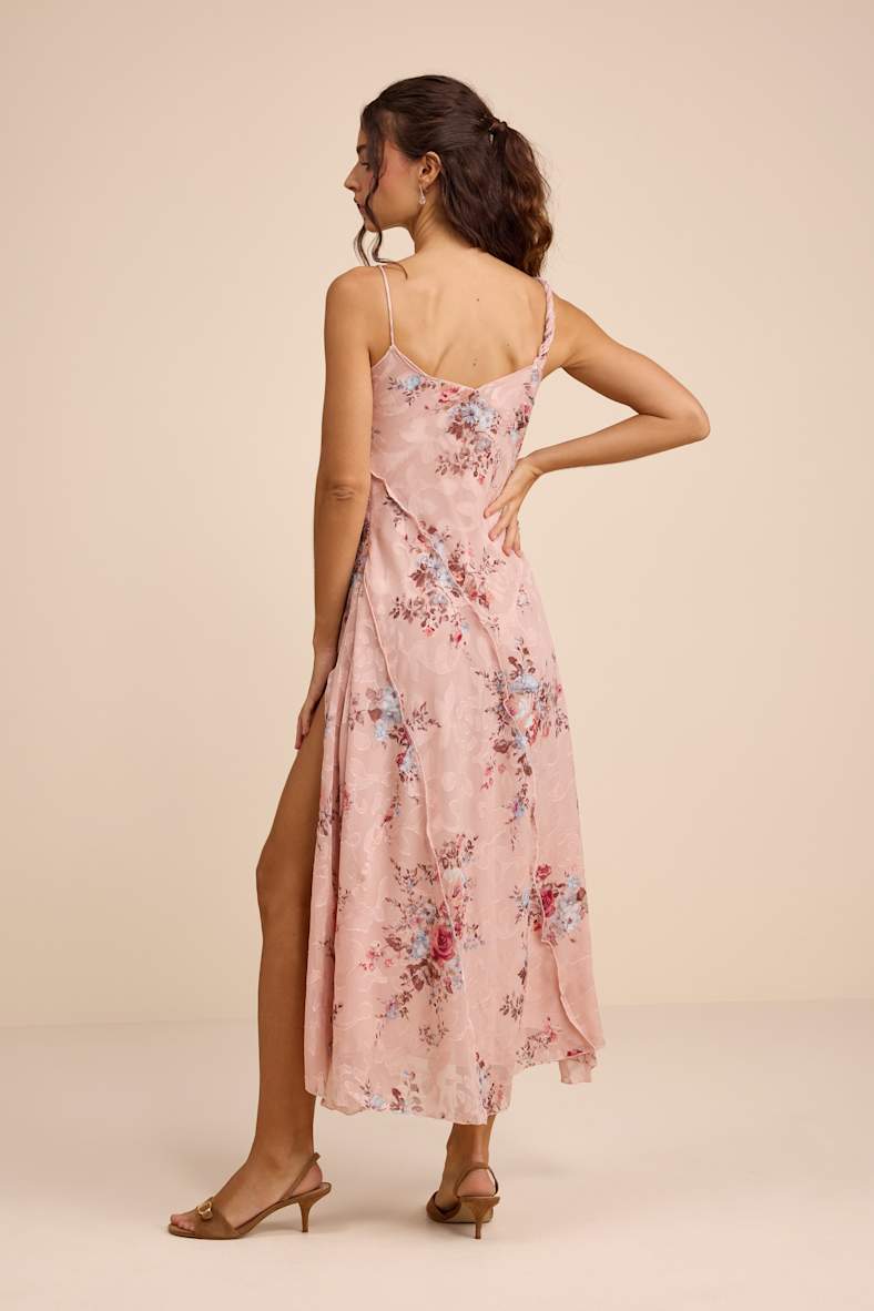 Eirwen Blush Floral Burnout Asymmetrical Midi Dress