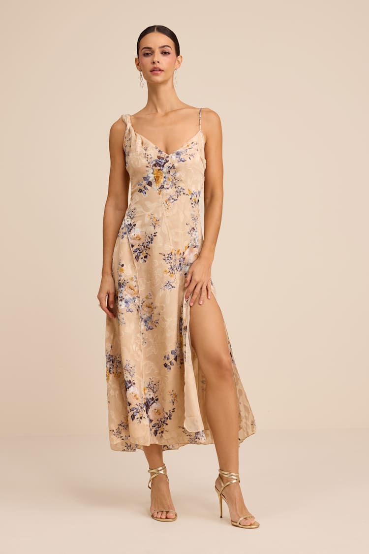 Lulus | Beige Floral Burnout Asymmetrical Midi Dress | Womens | X-Large (Available in XS, S) | 100% Polyester