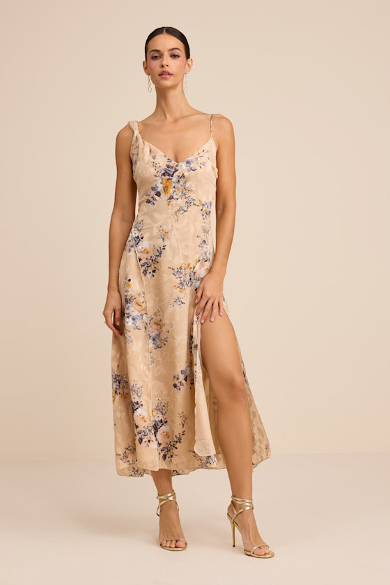 Eirwen Beige Floral Burnout Asymmetrical Midi Dress 2