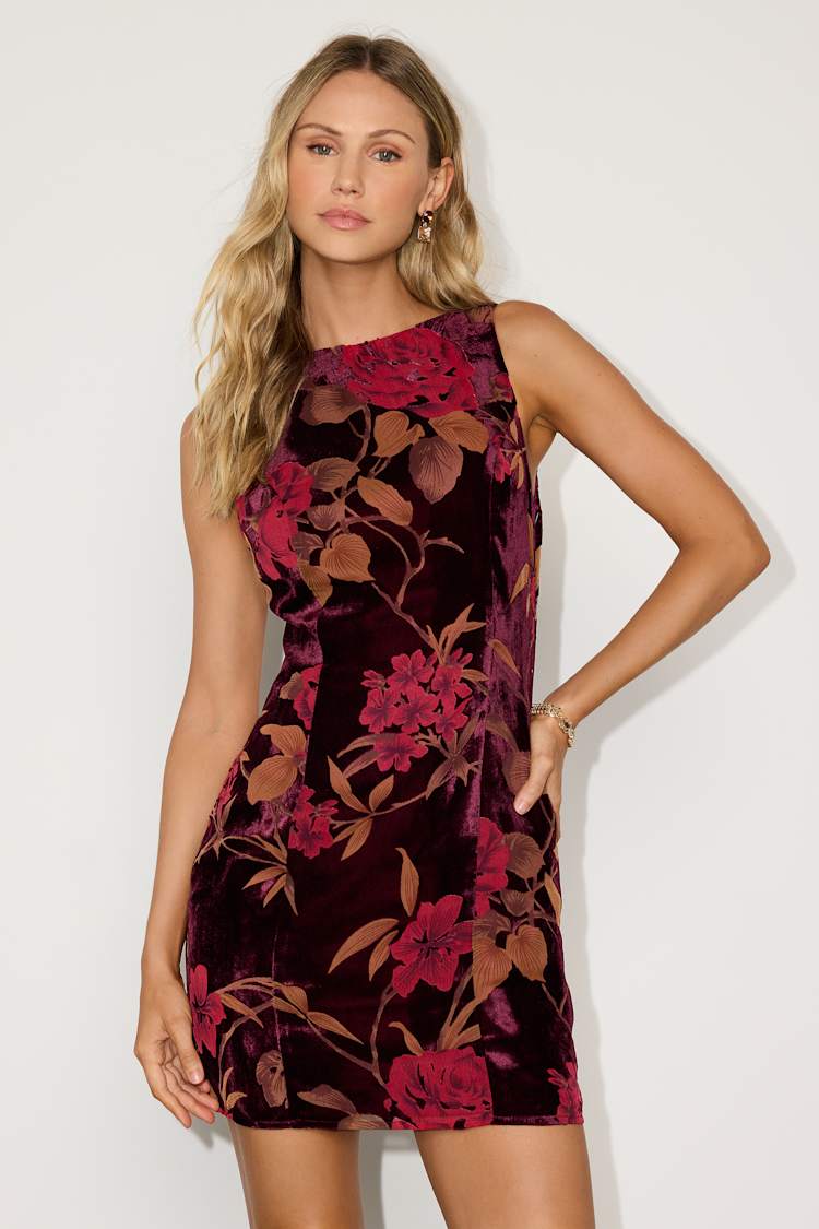 knee length dresses for ladies Bijou | Burgundy Square-Neck Lace Long-Sleeve Mini Dress main image 1