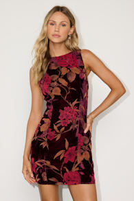 Taslin Burgundy Floral Burnout Velvet Sleeveless Mini Dress 1