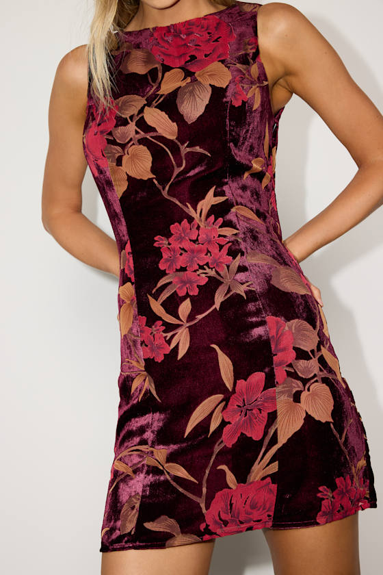 Taslin Burgundy Floral Burnout Velvet Sleeveless Mini Dress 2