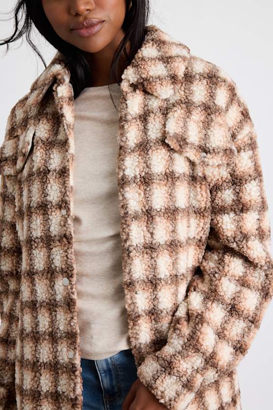 Winter Winds Beige and Brown Plaid Shearling Jacket 2