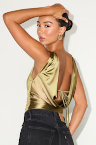 Cabrina Olive Satin Cowl Back Bodysuit 1