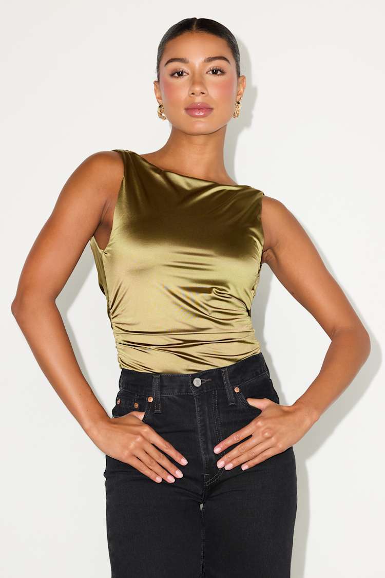 Cabrina Olive Satin Cowl Back Bodysuit