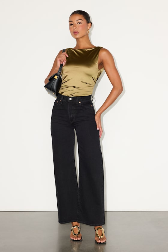 Cabrina Olive Satin Cowl Back Bodysuit - thumbnail 4