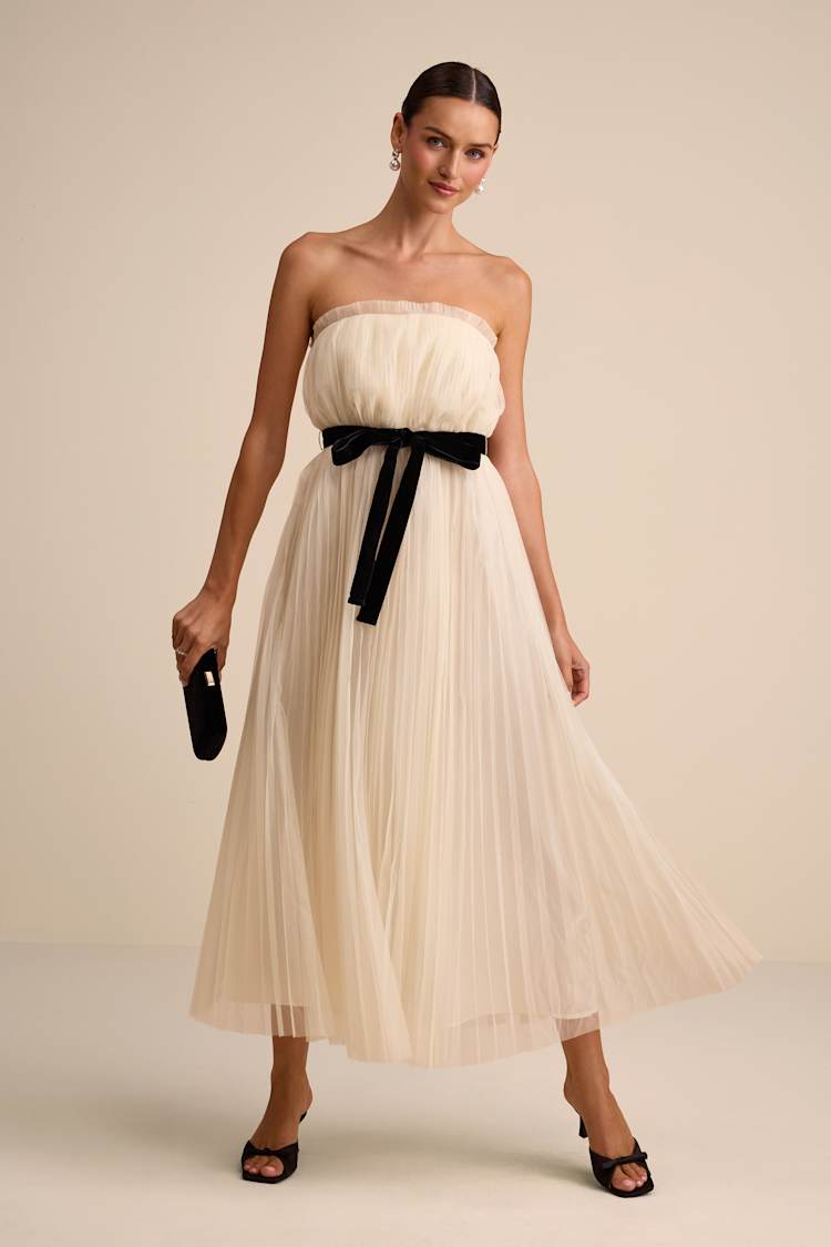 Lulus | White Ferreira Cream Tulle Pleated Bow Strapless Midi Dress | Womens | X-Large (Available in XS, S, M, L) | 100% Polyester