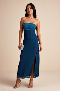 Devlin Dark Teal Mixed Media Strapless Midi Dress 1
