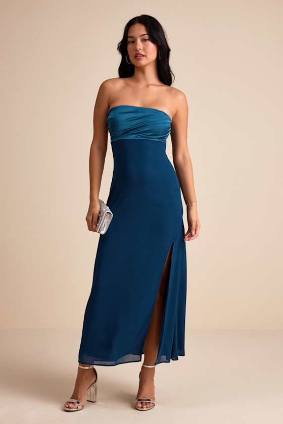 Devlin Dark Teal Mixed Media Strapless Midi Dress 1