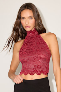 Khalila Wine Red Scalloped Lace Halter Crop Top 1