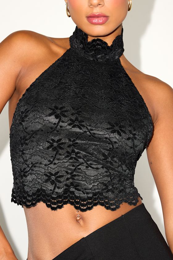 Khalila Black Scalloped Lace Halter Crop Top 2
