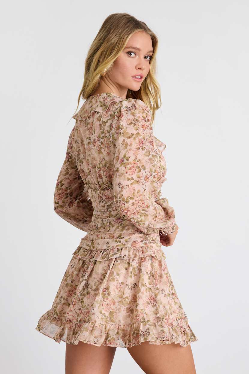 long sleeve embellished a line mini dress in blush Vestido Mini de Encaje Emilina Long Sleeve - Rubor