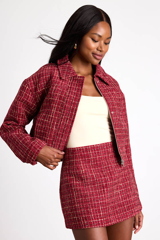 Shaelyn Berry Red Tweed Mid-Rise Mini Skirt 1