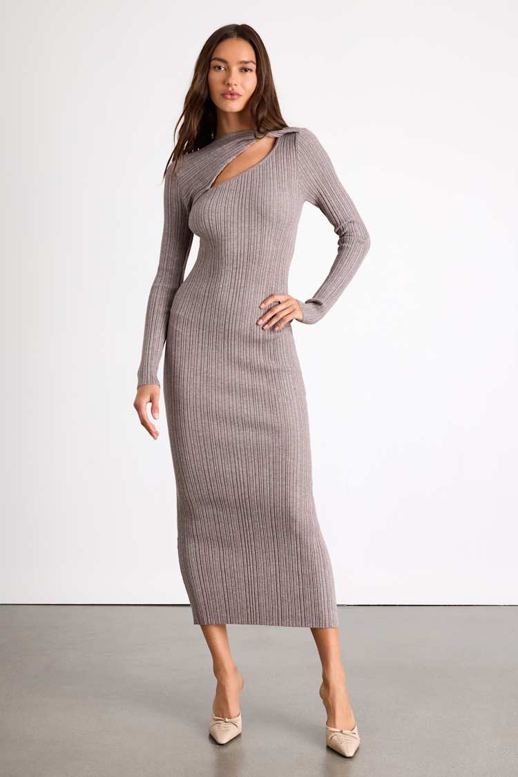 princess polly baby blue dress Grey Ribbed Dress - Bodycon Sweater Midi Dress - Cutout Dress