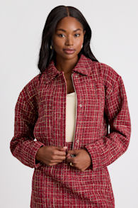Shaelyn Berry Red Tweed Cropped Bomber Jacket 1