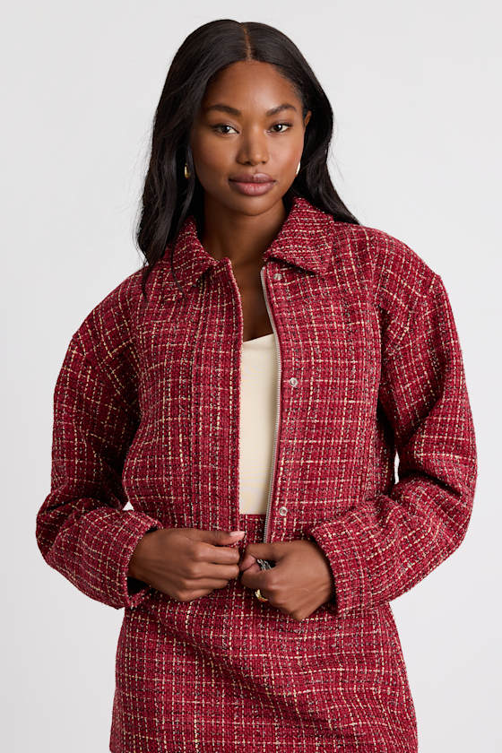 Shaelyn Berry Red Tweed Cropped Bomber Jacket 1