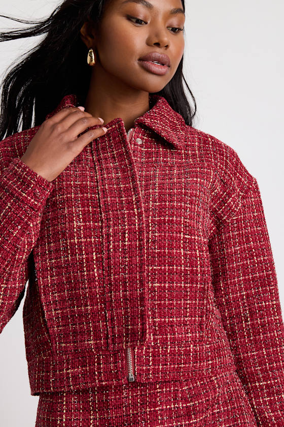 Shaelyn Berry Red Tweed Cropped Bomber Jacket 2