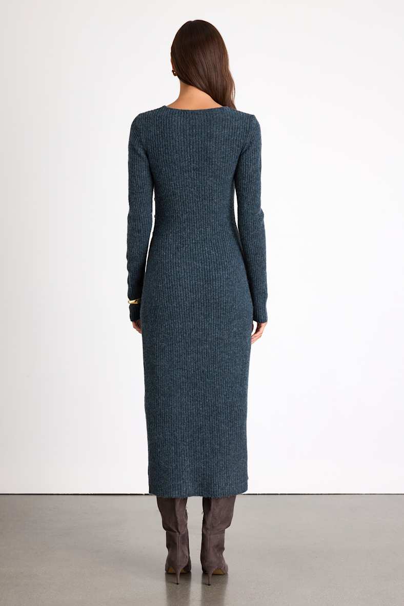 Rileynn Heathered Dark Teal Ribbed Sweater Midi Dress