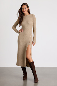 Rileynn Heathered Taupe Ribbed Side Button Sweater Midi Dress 1