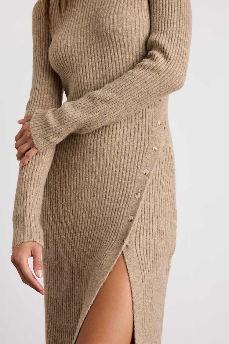 Rileynn Heathered Taupe Ribbed Sweater Midi Dress