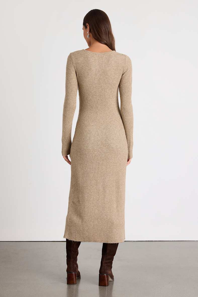 Rileynn Heathered Taupe Ribbed Sweater Midi Dress