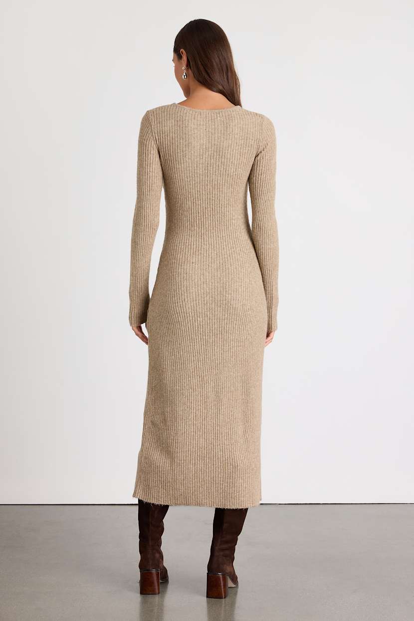 Rileynn Heathered Taupe Ribbed Sweater Midi Dress