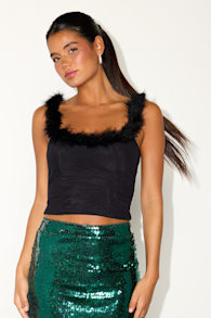 Araceli Black Feather Trim Tank Top 1