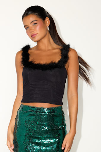 Araceli Black Feather Trim Tank Top 1