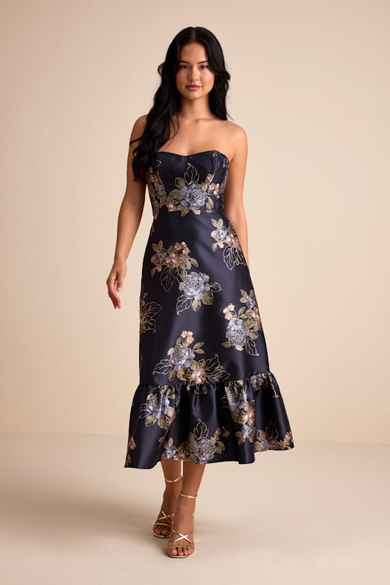 Image of Yashelle Navy Floral Taffeta Strapless Tiered Corset Midi Dress