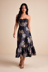 Yashelle Navy Floral Taffeta Strapless Tiered Corset Midi Dress 1